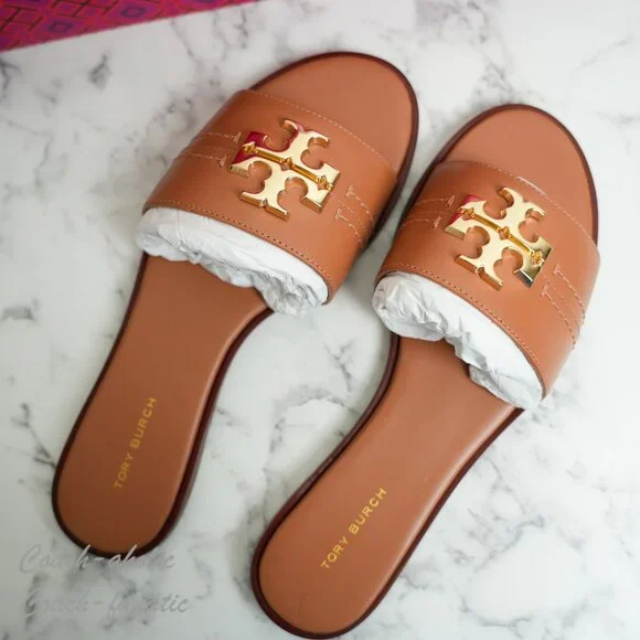 Tory Burch Everly Calf Leather Gold Logo Slide Sandals in Tan